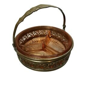 1930s Pink Depression Glass Divided Relish Candy Snack Dish Silver Plate Basket